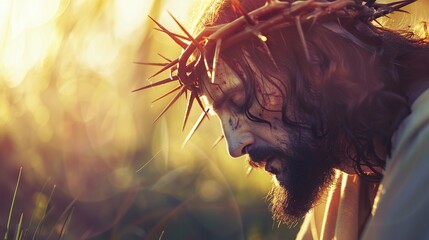 the sacred tradition of easter portrayed through the suffering of jesus christ wearing a crown of thorns an enduring symbol of christian faith and compassion - obrazy, fototapety, plakaty