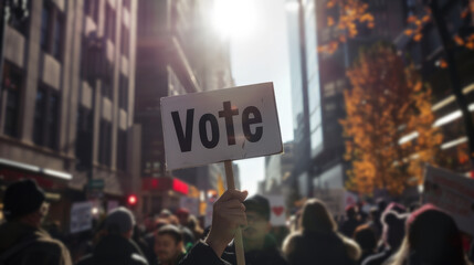 Vote sign held by a hand during a manifestation, polling, elections, politics, voting, political	