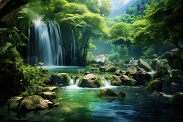 Fototapeta premium Nature Wallpaper with 3D Waterfall, Forest and River in Lush Green Landscape. Serenity of Nature