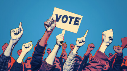 Vote sign held by a hand during a manifestation, polling, elections, politics, voting, political, graphic, illustration