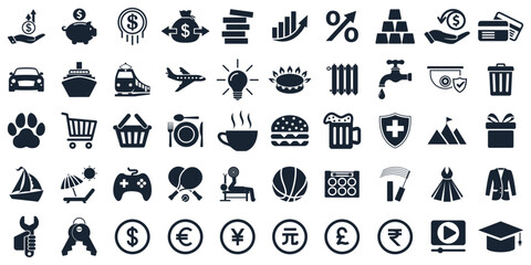 Set web icons: money, business, medical, food, travel, sport, service, shopping, clothes, different signs