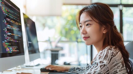 focused asian female programmer typing away at her computer screen in a portrait that epitomizes the modern technology workspace
