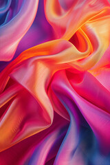 Obraz premium Close-up of luxurious silk fabric with flowing waves showcasing a gradient of vivid colors from pink to orange and blue.