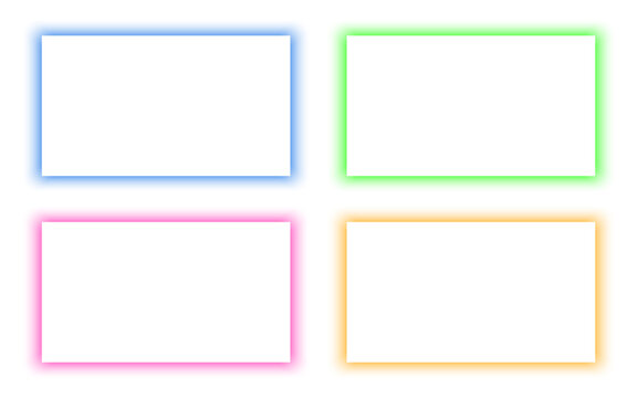 Colored neon rectangle with rounded edges, illuminate frame, glowing neon light border, retro led neon lamp tube