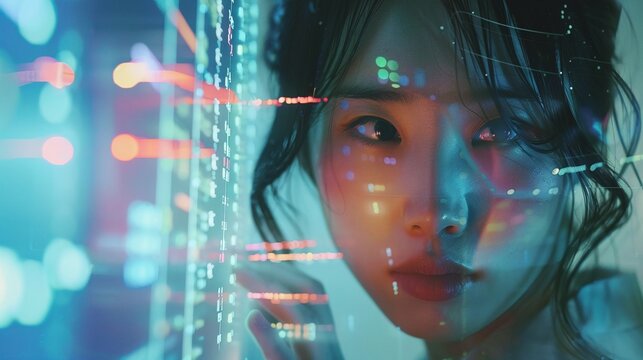 portrait of an asian woman software developer working on computer coding lines of code on screens showcasing tech expertise