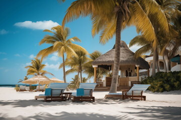 Obraz premium Serenity unfolds: A tropical paradise captured in a snapshot-sun-kissed beach, azure sea, reclining deck chairs, swaying palms. Warmth and beauty in perfect harmony. Sunny day at the sea under palm