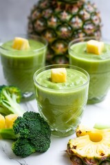 Fototapeta premium healthy green broccoli pineapple smoothie on a white marble background