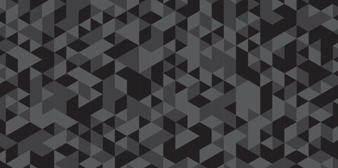 Abstract geometric black and gray background seamless mosaic and low polygon triangle texture wallpaper. Triangle shape retro wall grid pattern geometric ornament tile vector square element.
