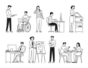 Set of diverse business people, men and women of different ages and body types in office suits. Isolated on white. Doodle style