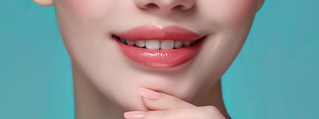close-up on beautiful teeth of caucasian woman with hand touching her chin for oral hygiene