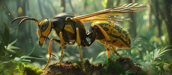 A yellow and black insect is standing on top of a dense and vibrant green forest. The insect appears to be dominant against the backdrop of the forest, showcasing its unique colors and patterns. - obrazy, fototapety, plakaty