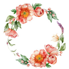 Watercolor wreath of flower bouquet with peonies, berries, leaves and buds. Hand painted floral card of wildflowers isolated on white background. Holiday Illustration for design, print or background. - 745283550