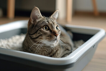 Cat Laying in Gray Litter Box