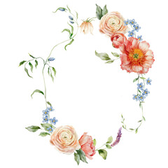Watercolor floral wreath of bouquet with anemone, peony, ranunculus and narcissus. Hand painted card isolated on white background. Holiday flowers Illustration for design, print, fabric or background. - 745283904