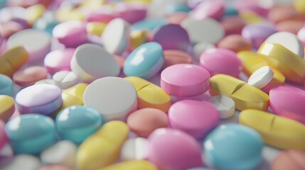 vibrant pills of various colors scattered on a soft-focus background