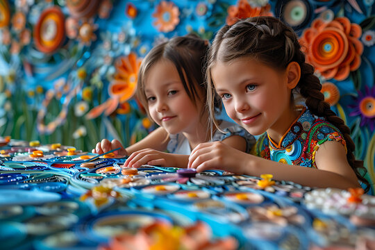 girls create pictures using the art of quilling from twisted strips of colorful paper

