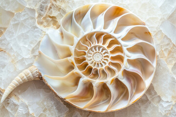 Obraz premium A perfect close up of an amazing fibonacci pattern in a nautilus shell.