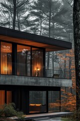 Modern house with large windows in the forest in foggy weather
