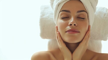 Calm serene young woman in spa bathrobe and towel relaxing after taking shower bath with her eyes closed at home. Beauty treatment concept