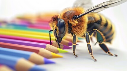 beautiful spring bee on colored school pencils, colored pencils for drawing on a white background