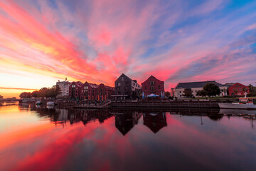 Sunrise over waterfront townscape and Dane River, Klaipeda, Lithuania