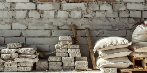 Construction Essentials, Building Materials at Worksite. Stacked bricks, bags of mortar, wooden planks. Background for a construction store.