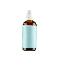 Isolated medicine bottle with organic tincture or oil on transparent background. Healthy fermented decoction. Mockup of medicine. Herbal apothecary and healing concept