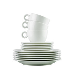 Clean, empty white dishes and cups on transparent background. Eco friendly washing dishes and...
