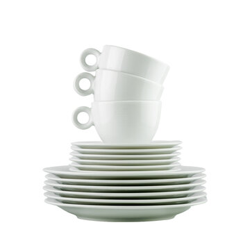 Clean, empty white dishes and cups on transparent background. Eco friendly washing dishes and cleaning. Dishes, porcelain background. Front view