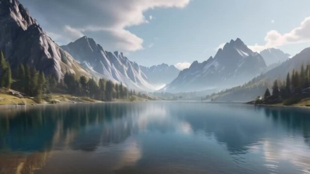 Video, a beautiful lake in the mountains. AI generative.