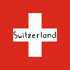 Close-up of red and white national flag of Switzerland with hand written word Switzerland. Illustration made February 17th, 2024, Zurich, Switzerland.