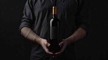 sommelier presenting a wine bottle with a customizable label mockup on a dark backdrop