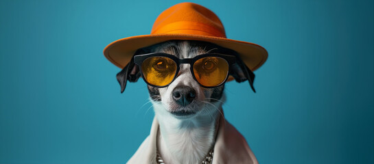 portrait of a jack russel dogs head is graced sleek, geometric hat that and On eyes, she sports a pair of statement sunglasses in line with the trends designs. Banner. Copy space in a blue backgroung - Powered by Adobe