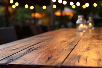 Fototapeta premium Outdoor string lights hanging on tree, wood table top with blurred bokeh background