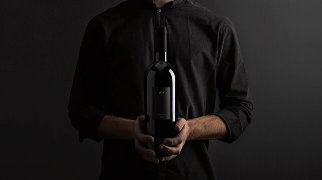 man holding a bottle of red wine with a blank label mockup against a dark background