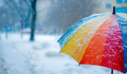 Rainbow umbrella under heavy snow in park. World meteorological day