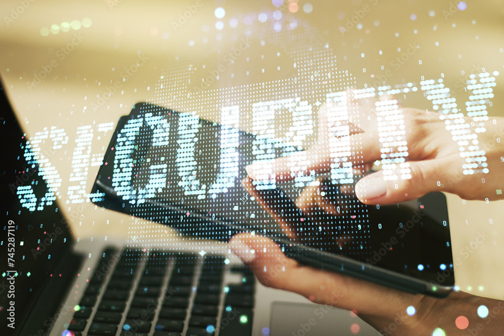 Poster cyber security creative concept with finger clicks on a digital tablet on background. double exposur