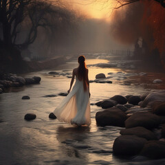 Woman walking down the river
