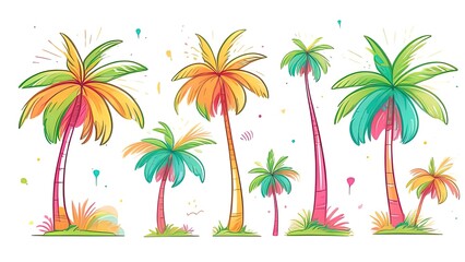 Fototapeta na wymiar Cute palm tree set. Tropical palm tree hand drawn summer element. Hawaii style decorative border. Cartoon trees illustration. Exotic plants for holiday posters, cards, invitations jungle party.