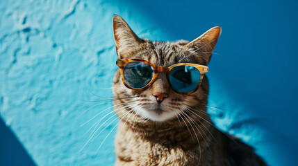 Cool Tabby Cat with Sunglasses on Vibrant Blue Wall Background: Cute Closeup Animal Portrait - Creative Fashion Eyewear Concept with Copyspace