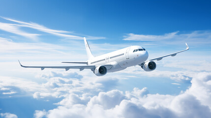 Fototapeta na wymiar Commercial airplane flying above clouds with clear blue sky.