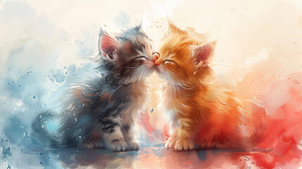 2 standing fluffy little kittens kissing