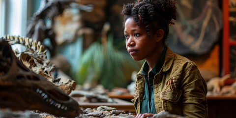 Desert black woman archaeologist studies prehistoric dinosaur fossils. Young Archaeologist closely...