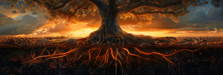 Majestic Tree Root System Engulfed in Flames at Dusk - obrazy, fototapety, plakaty