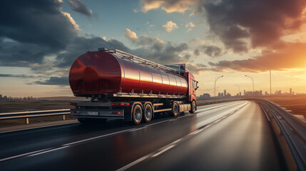 Red fuel tanker truck on highway at sunset with dramatic sky, conveying transportation and energy - obrazy, fototapety, plakaty