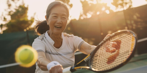 A woman of Asian descent is practicing on a tennis court while holding a tennis racquet