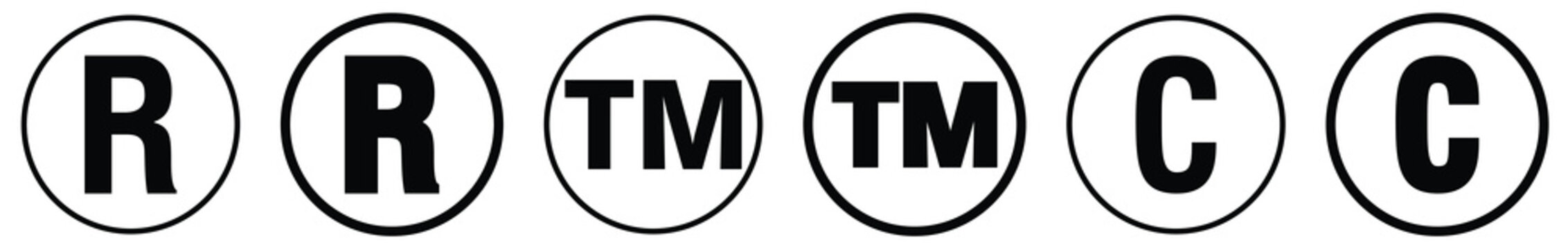 Register R, trademark tm and copyright c mark vector symbol in round circle.