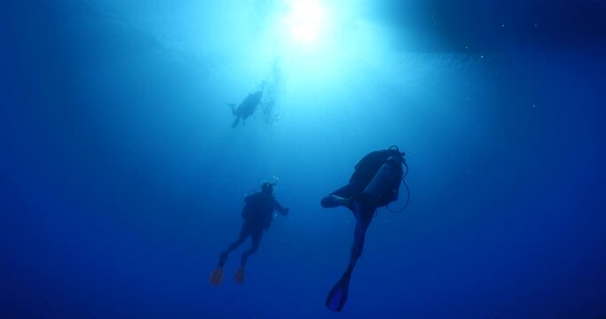 silhouette scuba diver sun beam shine rays underwater  diver relaxing blue ocean scenery of person