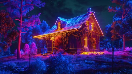 digital marvel of a holographic projection depicting a futuristic cottage design - obrazy, fototapety, plakaty