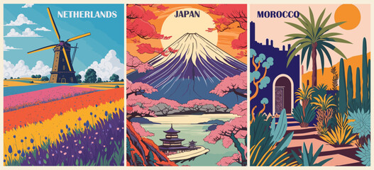 Set of Travel Destination Posters in retro style. Netherlands, Japan, Morocco prints. International summer vacation, exotic holidays concept. Vintage vector colorful illustrations. - obrazy, fototapety, plakaty